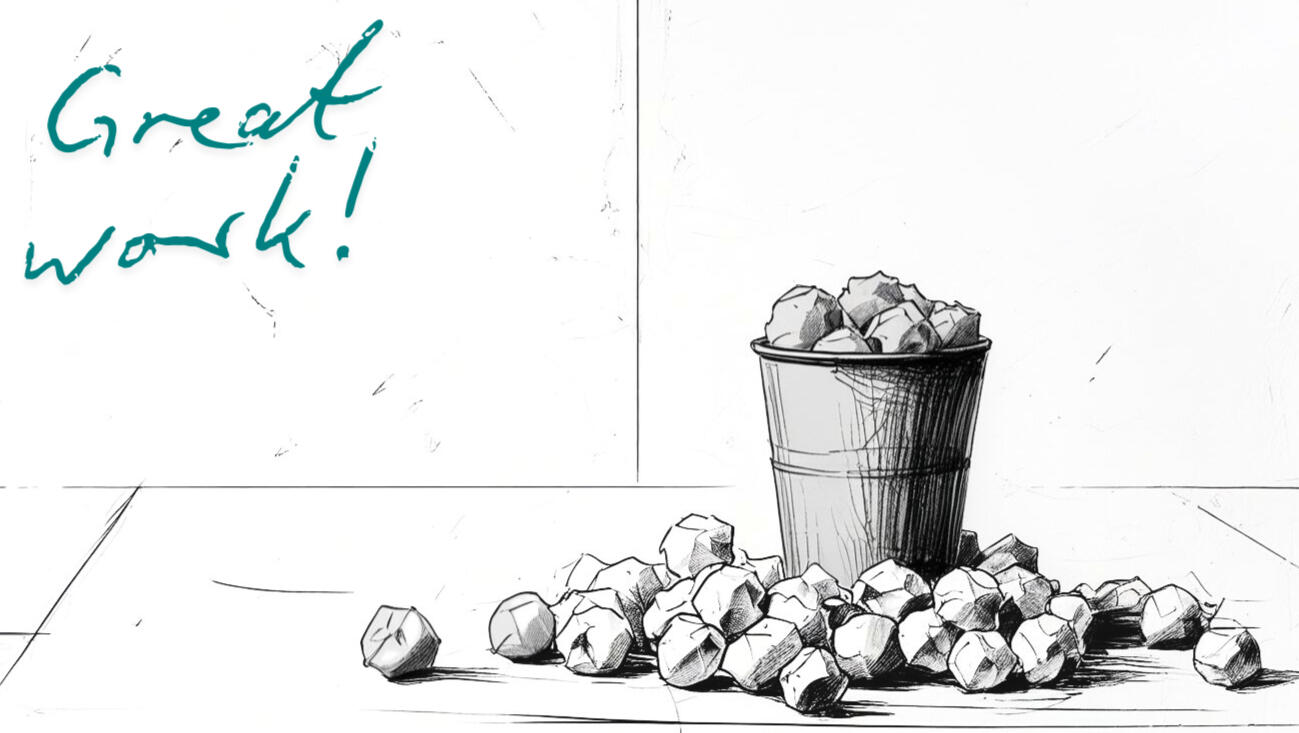 Credentials overloaded trash can with crumpled paper